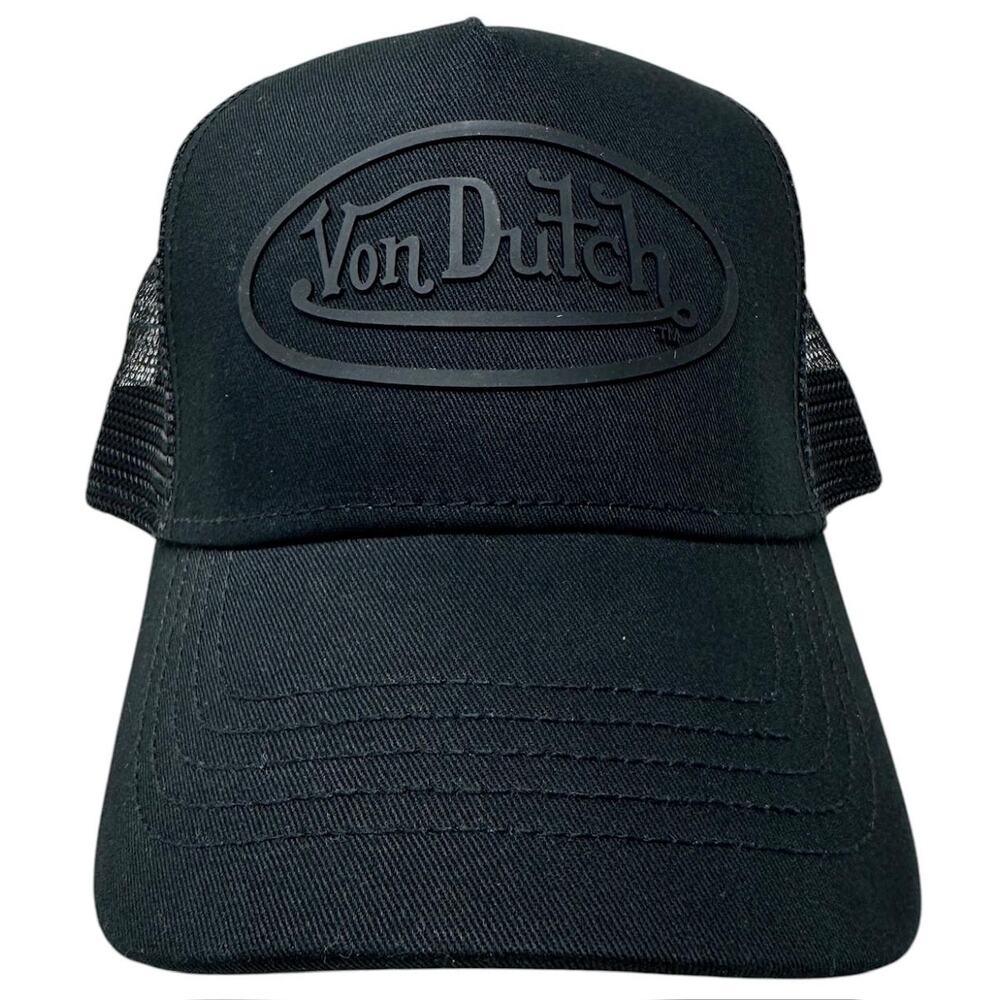 Von Dutch Trucker Hat Black Solid Raised Rubber Oval Logo Snapback Cap - Picture 2 of 6